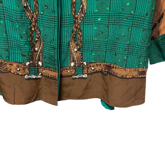 Vintage Diane Gilman Pure Silk Sequin Embellished Horse Print Button Up Green 1X - Picture 3 of 9